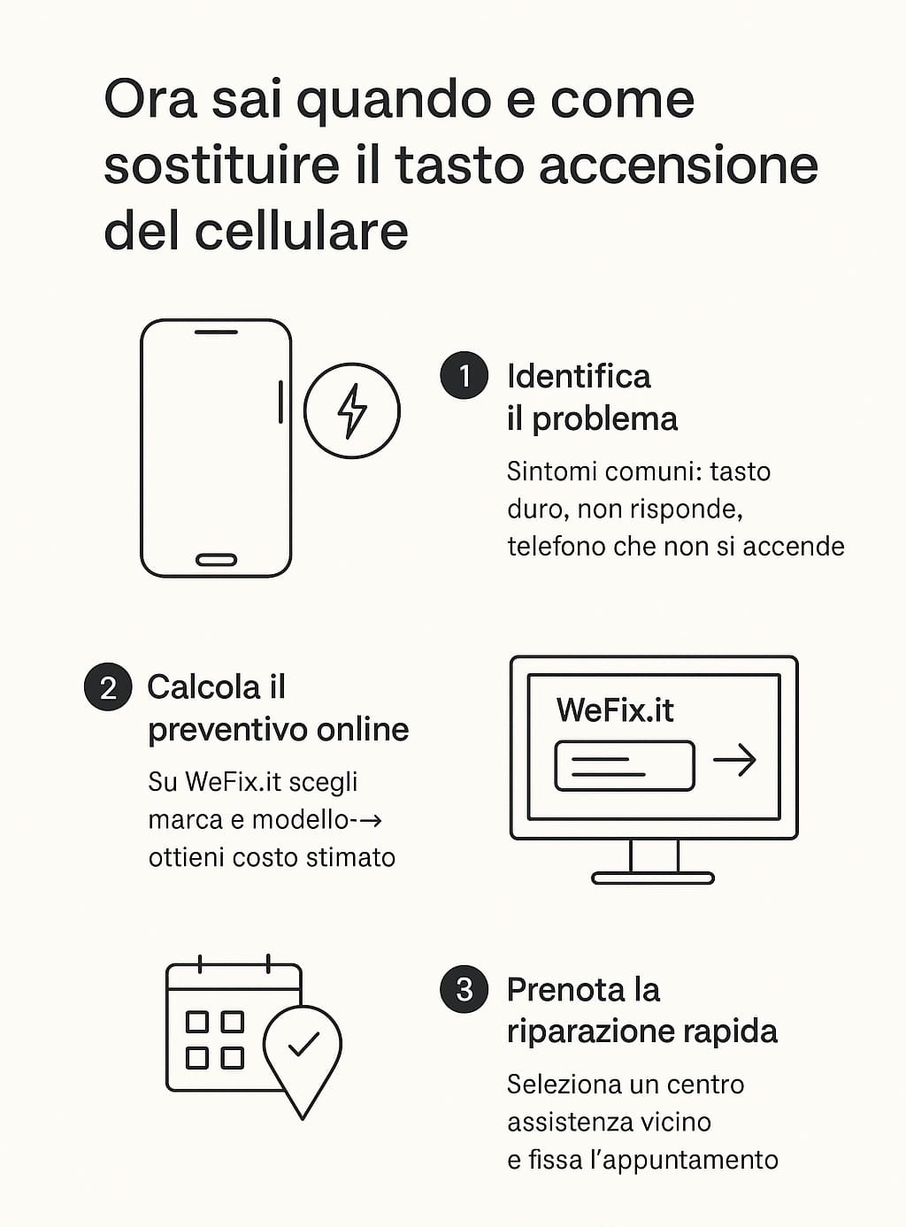 Infografica con i passaggi per sostituire il tasto accensione del cellulare
